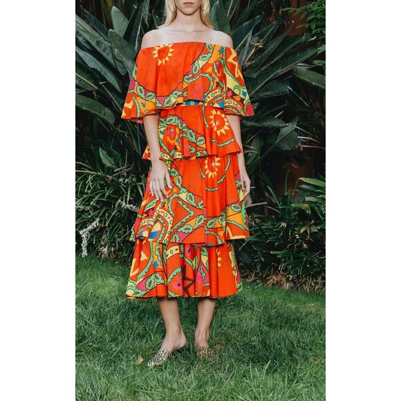 Rhode Resort Lulu Printed Midi Dress Tiered Off Shoulder Spring Red XS 255232 - Picture 1 of 9